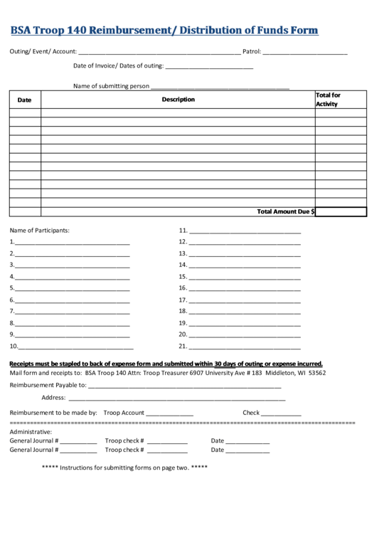 Bsa Troop 140 Reimbursement/ Distribution Of Funds Form Printable pdf