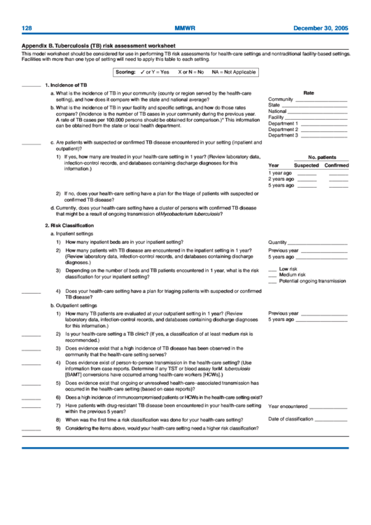 Appendix B. Tuberculosis (Tb) Risk Assessment Worksheet Printable pdf