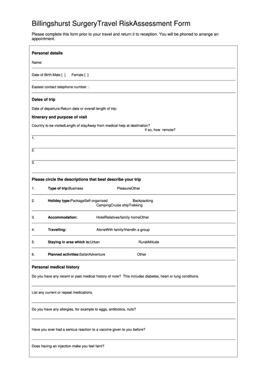 Billingshurst Surgery Travel Risk Assessment Form Printable pdf