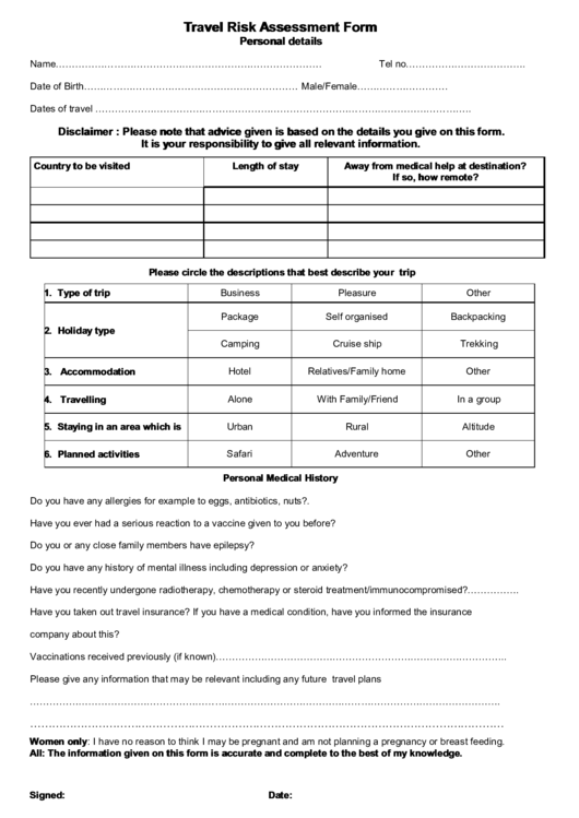 Travel Risk Assessment Form Personal Details Printable pdf