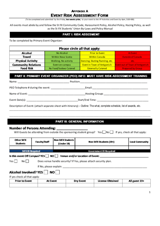 Event Risk Assessment Form Printable pdf