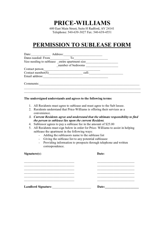 Permission To Sublease Form Printable pdf