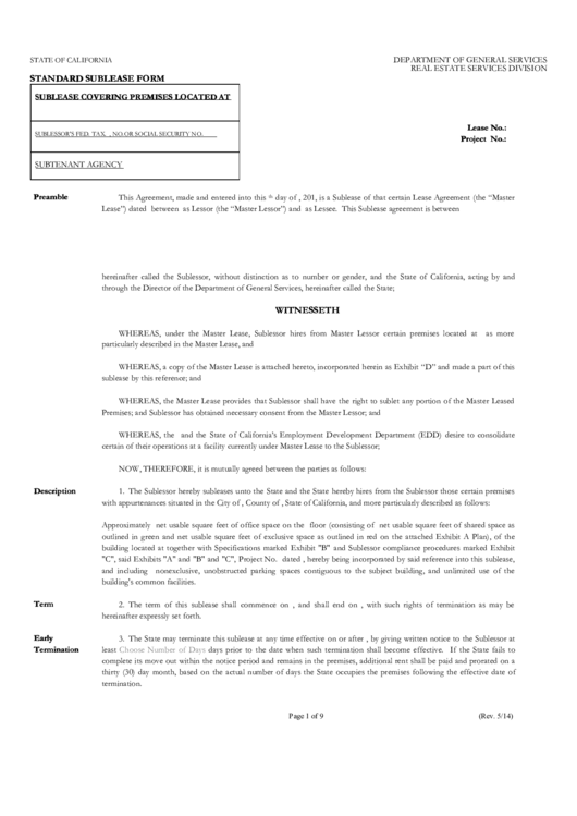 Standard Sublease Form Printable pdf