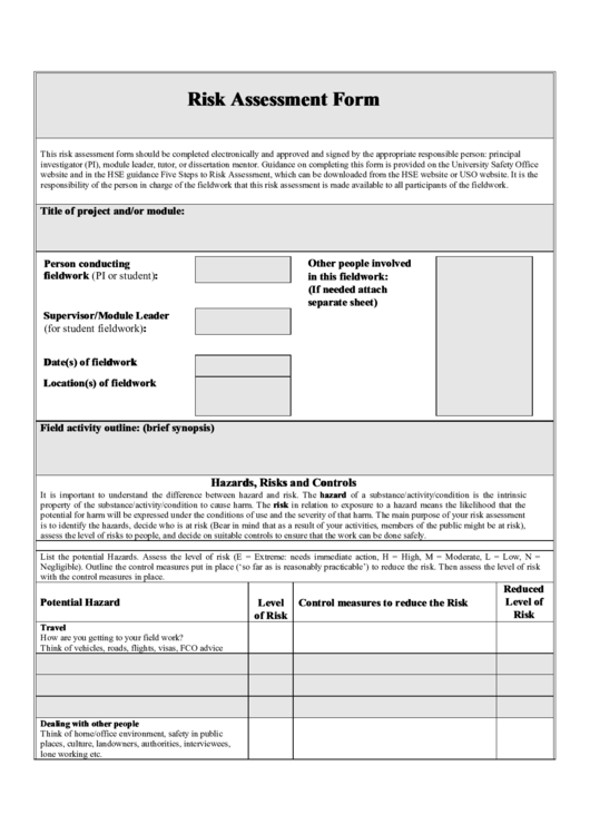 Risk Assessment Form Printable pdf
