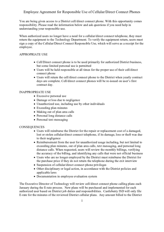 Employee Agreement For Responsible Use Of Cellular/direct Connect Phones Printable pdf