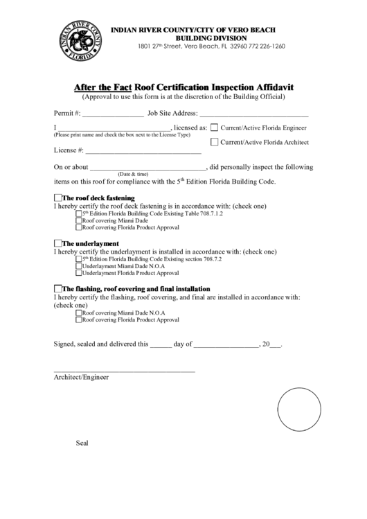 After The Fact Roof Certification Inspection Affidavit Form - Indian River County Printable pdf
