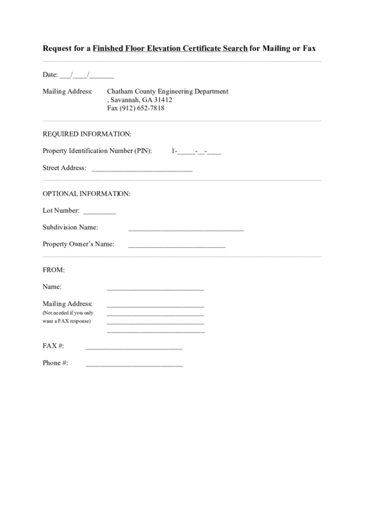 Request For A Finished Floor Elevation Certificate Search For Mailing Or Fax Printable pdf