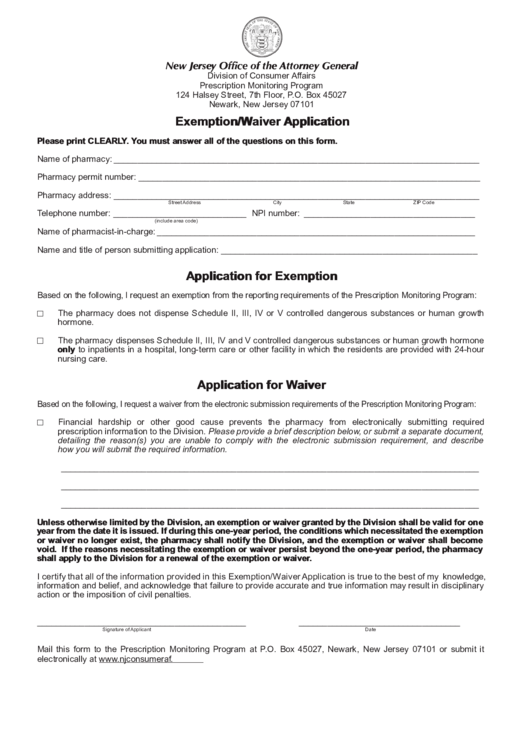 Fillable Exemption/waiver Application - New Jersey Office Of The Attorney General Printable pdf