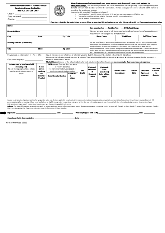 Tennessee Department Of Human Services Family Assistance Application Printable pdf