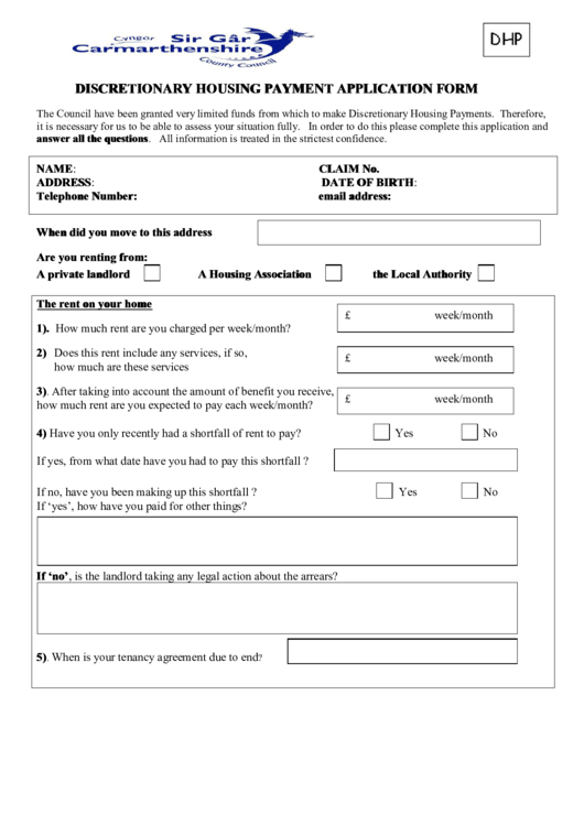 Discretionary Housing Payment Application Form Printable pdf