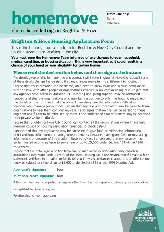 Brighton & Hove Housing Application Form Printable pdf