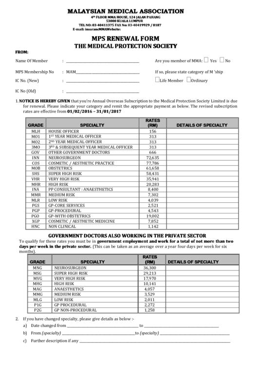Fillable Malaysian Medical Association Mps Renewal Form Printable pdf