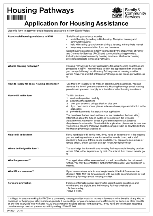 Application For Housing Assistance Form printable pdf download