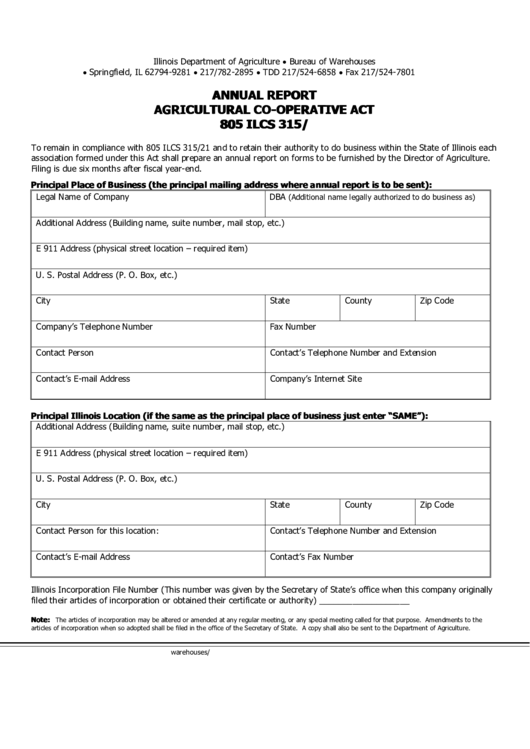 Fillable Annual Report Form Agricultural Co-Operative Act Printable pdf
