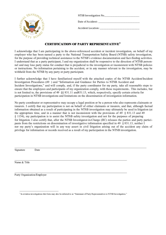 National Transportation Safety Board (Ntsb) Investigation Party Form Printable pdf