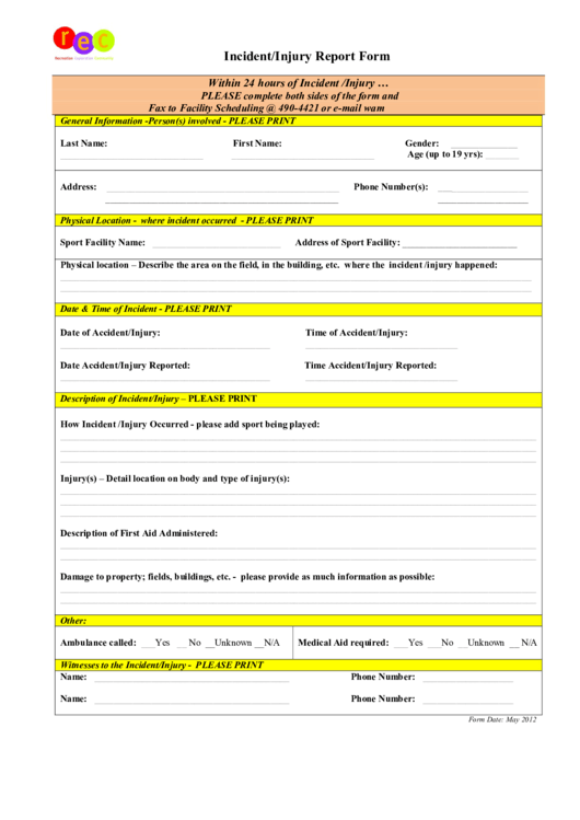 Incident/injuryreportform Printable pdf