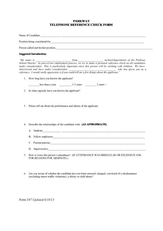 Parkway Telephone Reference Check Form