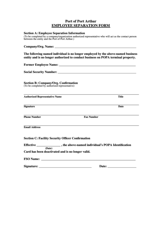 Popa Form No. Fs-04 - Employee Separation Form - Port Of Port Arthur Printable pdf