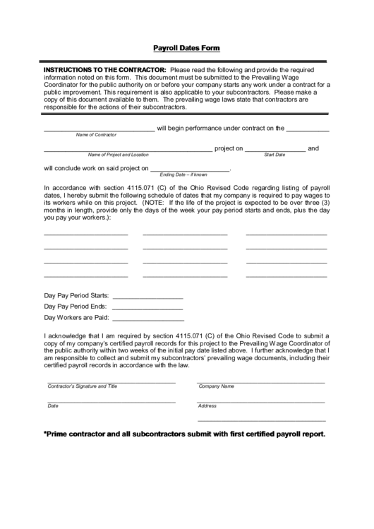 Payroll Dates Form Printable pdf