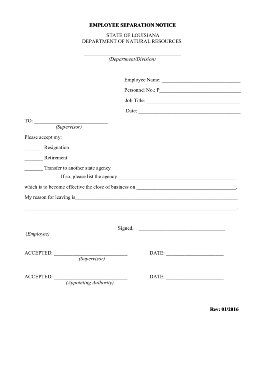 Employee Separation Notice Printable pdf