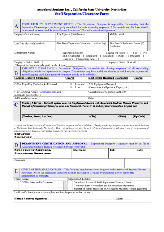 Fillable Staff Separation/clearance Form Printable pdf