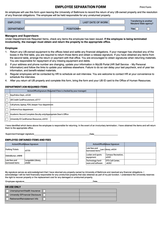 Fillable Employee Separation Form Printable pdf