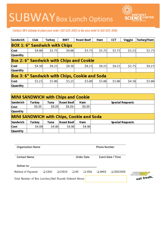 Subway Box Lunch Options Worksheet Printable pdf