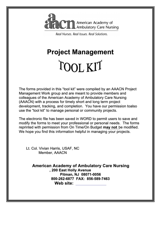 Project Management Forms Tool Kit Printable pdf