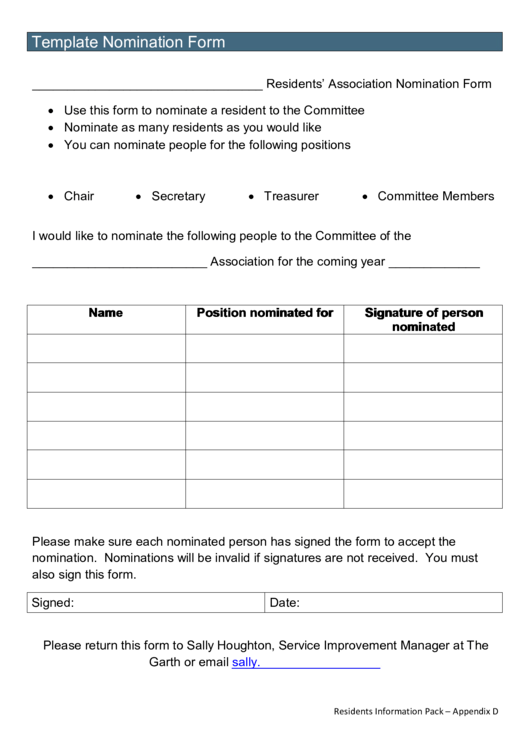 Nomination Form Template Printable pdf