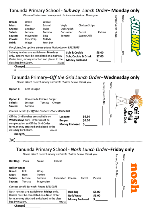 Tanunda Primary School Subway Lunch Order Form printable pdf download