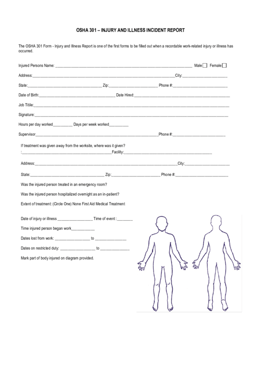Osha 301 - Injury And Illness Incident Report Form Printable pdf