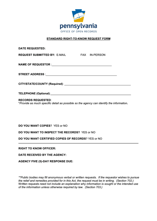 Pennsylvania Standard Right-To-Know Request Form Printable pdf