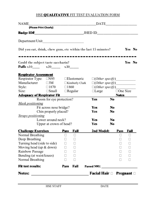 Se Qualitative Fit Test Evaluation Form Printable pdf