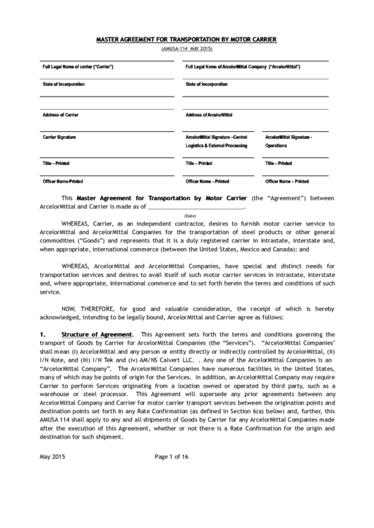 Master Agreement For Transportation By Motor Carrier Printable pdf