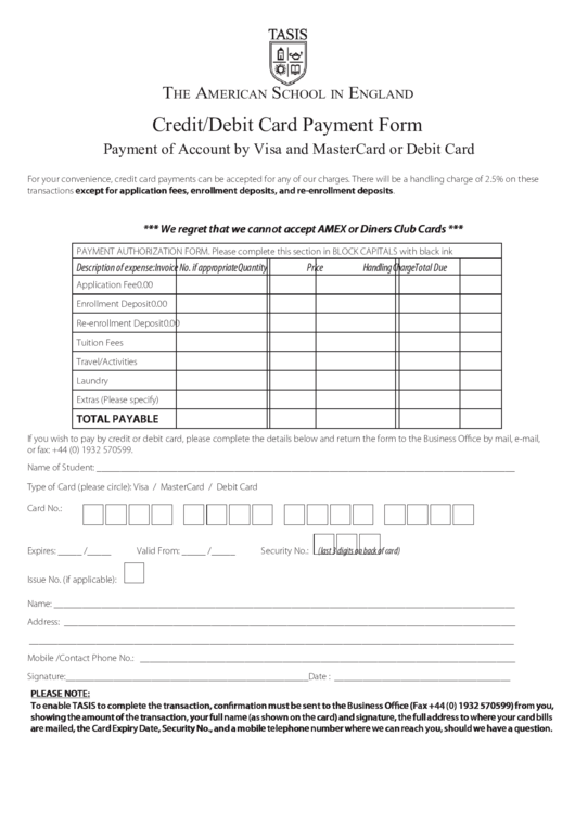Credit/debit Card Payment Form Payment Of Account By Visa And Mastercard Or Debit Card Printable pdf