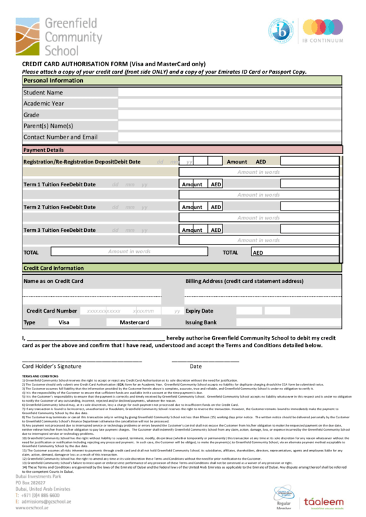 Credit Card Authorisation Form (Visa And Mastercard Only) Printable pdf