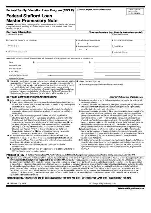 Federal Stafford Loan Master Promissory Note Printable pdf