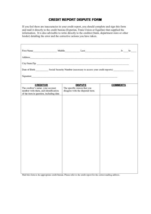 Credit Report Dispute Form Printable pdf