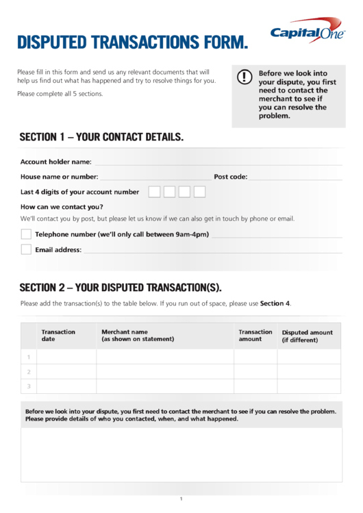 Fillable Disputed Transactions Form Printable pdf
