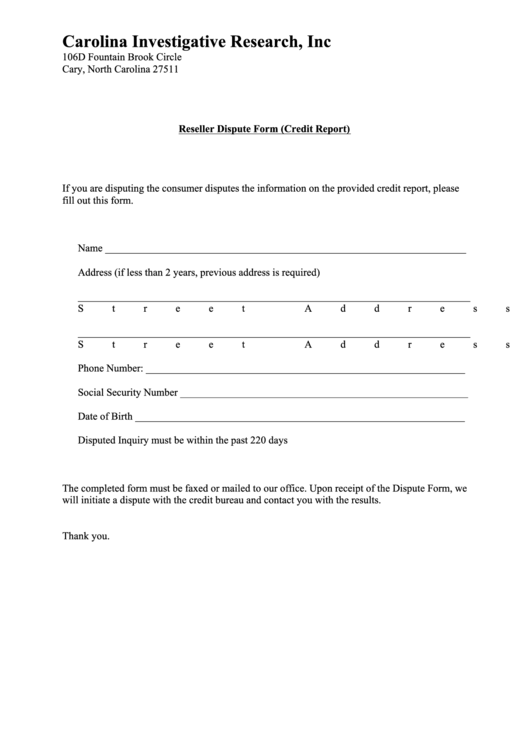 Reseller Dispute Form (Credit Report) Printable pdf