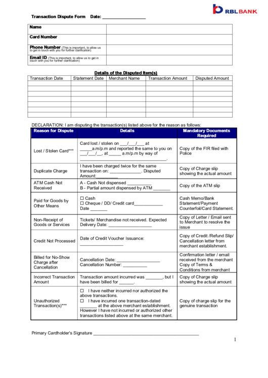 Transaction Dispute Form Printable pdf