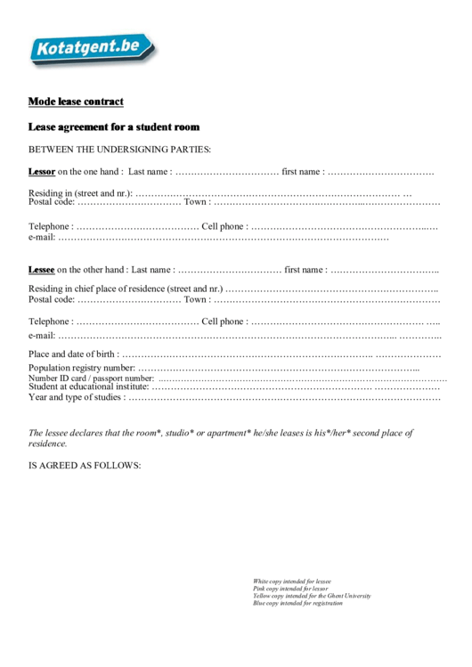 Mode Lease Contract - Lease Agreement For A Student Room Printable pdf