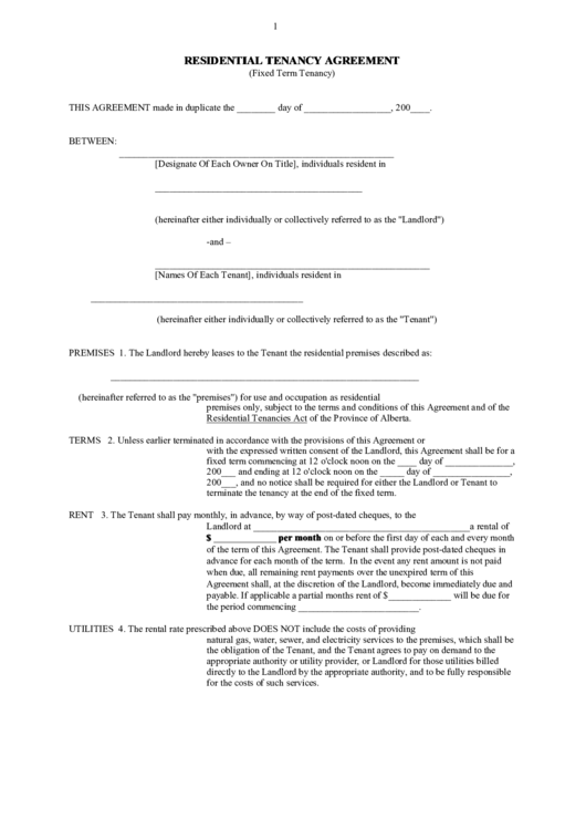 Residential Tenancy Agreement (Fixed Term Tenancy) Printable pdf