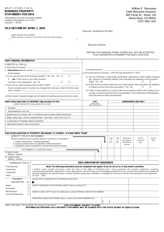 Fillable Form Boe-571-L - Business Property Statement - 2016 Printable pdf