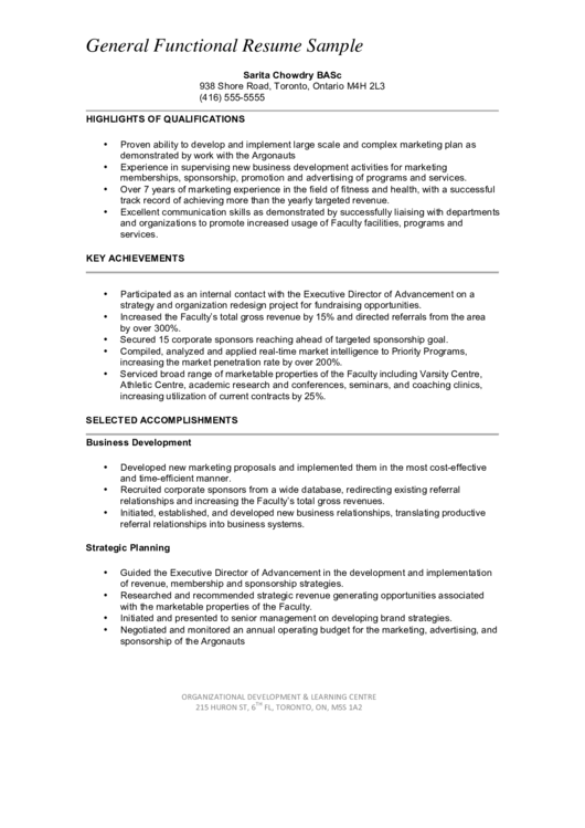 General Functional Resume Sample Printable pdf