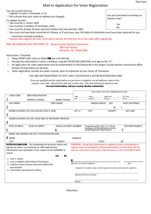 Fillable Mail-In Application For Voter Registration Printable pdf