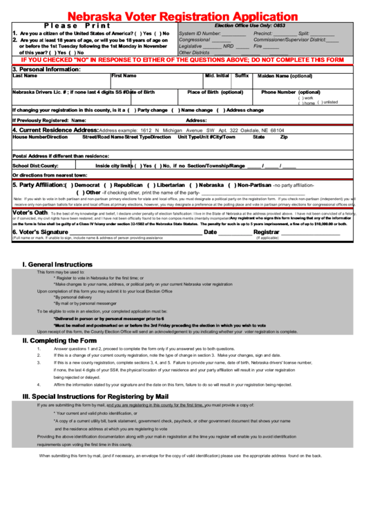 Fillable Nebraska Voter Registration Application Printable pdf