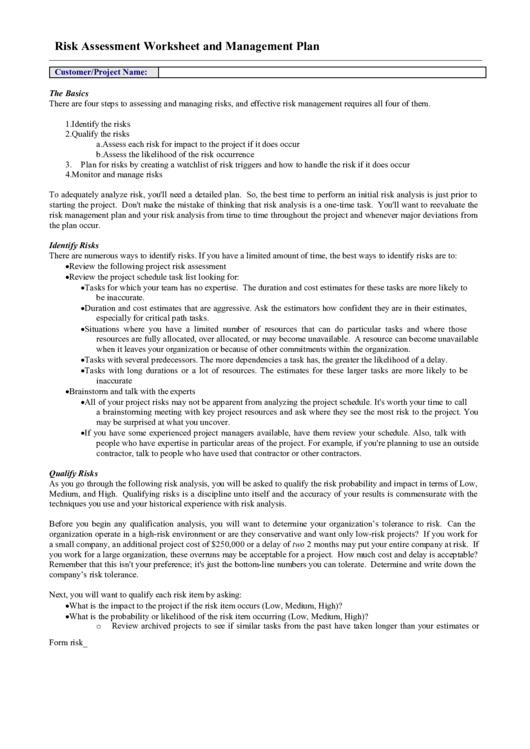 Risk Assessment Workshet And Management Plan Template Printable pdf