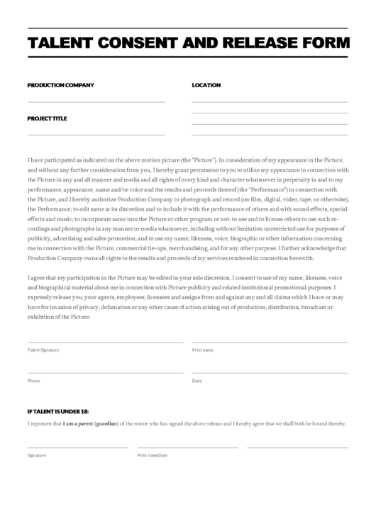 Talent Consent And Release Form Printable pdf