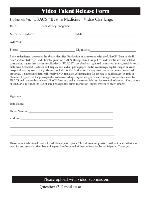 Video Talent Release Form Printable pdf